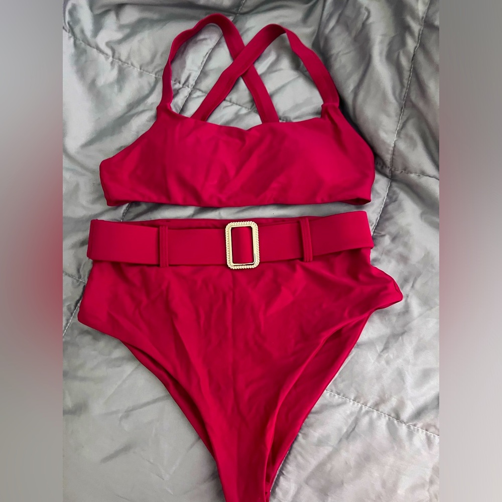 Red two piece bikini S Small - High waist bottoms, adjustable multi-way straps